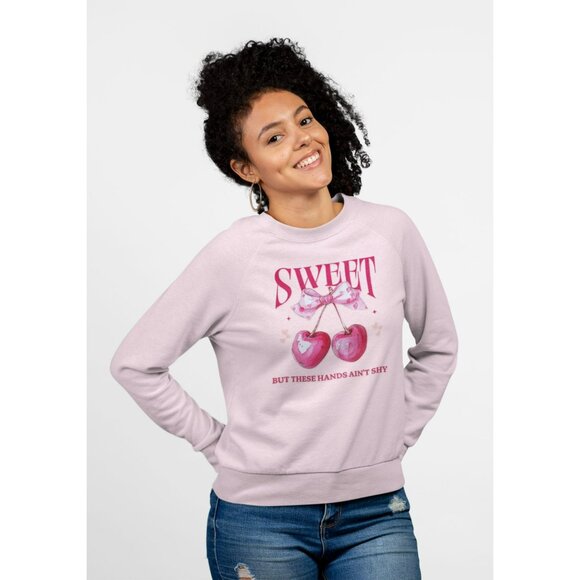 Sweet "But These Hands Aint Shy" Graphic Crewneck Sweatshirt Funny Cherry Design - Picture 2 of 4